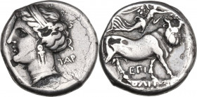 Greek Italy. Central and Southern Campania, Neapolis. Fourrée Nomos, c. 275-250 BC. Obv. Head of nymph left, hair in band; TAP behind neck, EYΞ below....
