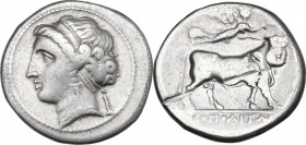 Greek Italy. Central and Southern Campania, Neapolis. AR Nomos, c. 275-250 BC. Obv. Head of nymph left, hair bound with band; behind, small herm right...
