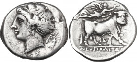 Greek Italy. Central and Southern Campania, Neapolis. AR Nomos, c. 275-250 BC. Obv. Diademed head of nymph left, wearing triple-pendant earring and ne...