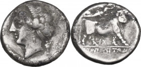 Greek Italy. Central and Southern Campania, Neapolis. AR Nomos, c. 290-250 BC. Obv. Head of nymph left, hair bound with band; behind, small herm right...