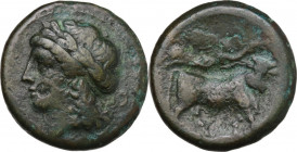 Greek Italy. Central and Southern Campania, Neapolis. AE Obol, c. 275-250 BC. Obv. Laureate head of Apollo left. Rev. Man-headed bull standing right; ...