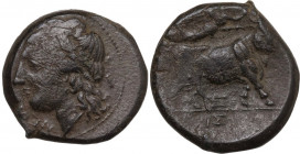 Greek Italy. Central and Southern Campania, Neapolis. AE 20 mm, c. 275-250 BC. Obv. Laureate head of Apollo left. Rev. Man-headed bull standing right;...