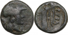 Greek Italy. Southern Apulia, Rubi. AE 12.5 mm. c. 300-225 BC. Obv. Head of Athena right, wearing crested Corinthian helmet. Rev. Nike standing left, ...