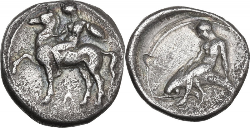 Greek Italy. Southern Apulia, Tarentum. AR Nomos, c. 390-385 BC. Obv. Nude youth...
