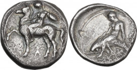 Greek Italy. Southern Apulia, Tarentum. AR Nomos, c. 390-385 BC. Obv. Nude youth, shield on arm, on horse standing left; tiny Λ below. Rev. Phalanthos...