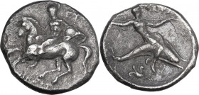 Greek Italy. Southern Apulia, Tarentum. AR Nomos, c. 280 BC. Obv. Warrior, holding shield, on horse rearing left; EY to right, NIKΩTT[AΣ] below. Rev. ...