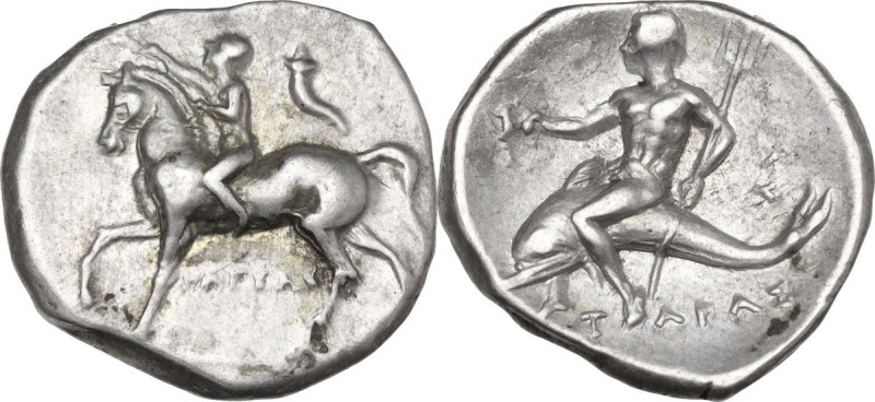 Greek Italy. Southern Apulia, Tarentum. AR Nomos, 281-272 BC. Obv. Horseman left...