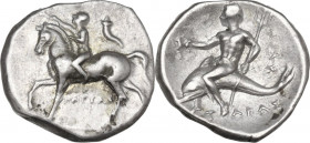 Greek Italy. Southern Apulia, Tarentum. AR Nomos, 281-272 BC. Obv. Horseman left, crowning horse; to right, cornucopiae. Rev. Phalanthos riding on dol...