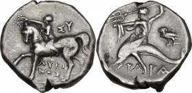 Greek Italy. Southern Apulia, Tarentum. AR Nomos, c. 272-240 BC. Sy- and Lykinos, magistrates. Obv. Youth on horseback left, crowning horse; ΣY behind...