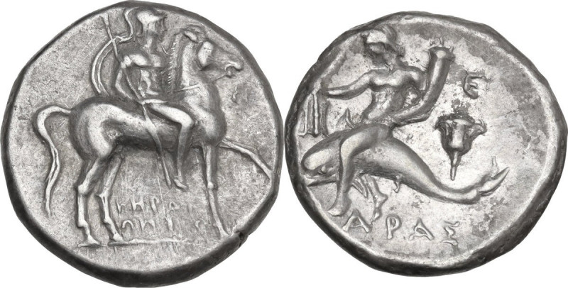 Greek Italy. Southern Apulia, Tarentum. AR Nomos, 272-240 BC. Obv. Horseman righ...