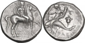 Greek Italy. Southern Apulia, Tarentum. AR Nomos, 272-240 BC. Obv. Horseman right, holding spear and shield. Rev. Phalanthos riding on dolphin left, h...