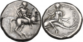 Greek Italy. Southern Apulia, Tarentum. AR Nomos, c. 272-240 BC. Apollonios and Di-, magistrates. Obv. Warrior on horseback right, holding shield and ...