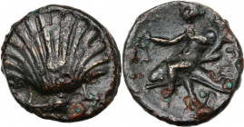 Greek Italy. Southern Apulia, Tarentum. AE 13.5 mm. c. 275-200 BC. Obv. Shell. Rev. Phalantos, holding kantharos and cornucopiae, riding dolphin left;...