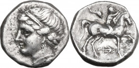 Greek Italy. Southern Apulia, 'Campano-Tarentine'. AR Nomos, c. 281-228 BC. Obv. Diademed head of nymph left. Rev. Nude youth on horseback right, crow...