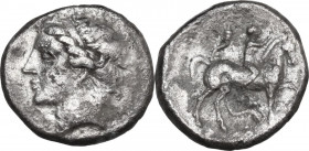 Greek Italy. Southern Apulia, 'Campano-Tarentine'. AR Nomos, c. 281-228 BC. Obv. Diademed head of nymph left. Rev. Nude youth on horseback right, plac...