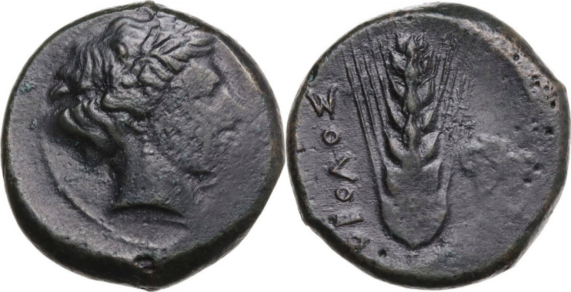 Greek Italy. Southern Lucania, Metapontum. AE Obol, c. 425-350 BC. Obv. Wreathed...