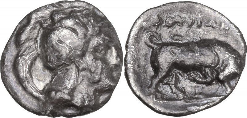 Greek Italy. Southern Lucania, Thurium. AR Obol, 350-300 BC. Obv. Head of Athena...