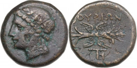 Greek Italy. Southern Lucania, Thurium. AE 14 mm, c. 280-213 BC. Obv. Laureate head of Apollo left. Rev. Winged thunderbolt; monogram below. HN Italy ...