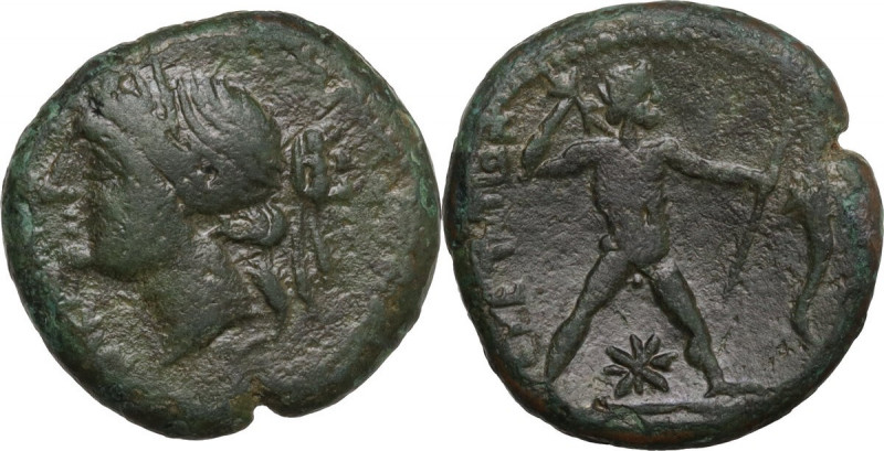 Greek Italy. Bruttium, Brettii. AE Half-Unit, c. 214-211 BC. Obv. NIKA. Diademed...