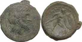 Greek Italy. Bruttium, Brettii. AE Reduced Uncia, c. 211-208 BC. Obv. Laureate head of Zeus right; behind, thunderbolt. Rev. Naked warrior advancing r...