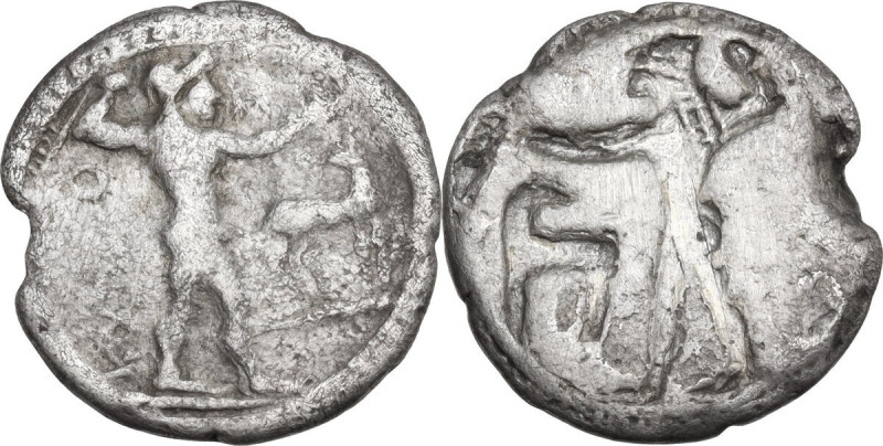 Greek Italy. Bruttium, Kaulonia. AR Third Nomos-Drachm, c. 500-480 BC. Obv. Apol...