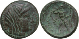Greek Italy. Bruttium, Petelia. AE 20 mm, c. 216-204 BC. Obv. Veiled and wreathed head of Demeter right. Rev. ΠETH-ΛINΩN. Zeus standing right, prepari...