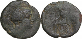 Greek Italy. Bruttium, Rhegion. AE Pentachalkia, 215-211 BC. Obv. Head of Artemis right, bow and quiver over shoulder. Rev. Apollo seated left on omph...