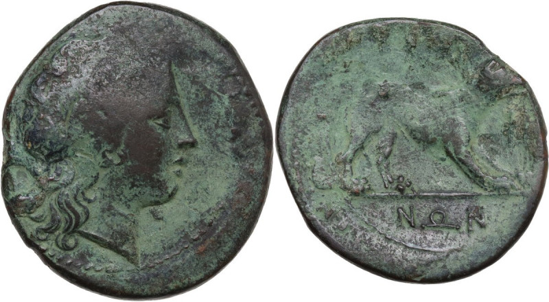 Greek Italy. Bruttium, Rhegion. AE 24 mm, c. 260-215 BC. Obv. Head of Apollo rig...