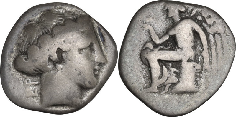 Greek Italy. Bruttium, Terina. AR Drachm, c. 350-300 BC. Obv. Head of the nymph ...