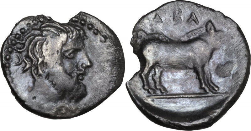 Sicily. Abakainon. AR Litra, c. 420 BC. Obv. Bearded male head right. Rev. ABA. ...
