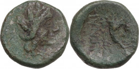 Sicily. Aitna. Roman Rule. AE Sextans, c. 210-150 BC. Obv. Head of Persephone right. Rev. Cornucopiae; to right, two pellets. CNS III 11; HGC 2 71. AE...