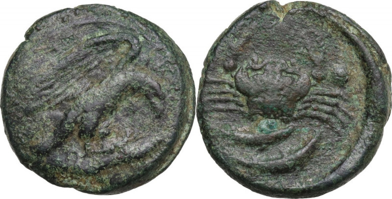 Sicily. Akragas. AE Hexas, c. 425-406 BC. Obv. Eagle on fish right. Rev. Crab; p...