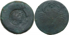 Sicily. Akragas. Countermark on earlier AE Hemilitron , c. 405-367 BC. Obv. Oval incuse countermark with Herakles' head right; traces of undertype (Ea...