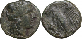 Sicily. Akragas. AE 19 mm, c. 275-240 BC. Obv. Head of Apollo right, laureate. Rev. Two eagles on hare left; the nearer with closed wings, head upward...