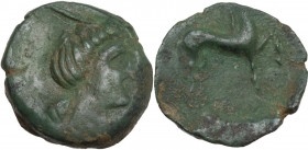 Sicily. Eryx. AE 17 mm, c. 4th century BC. Obv. Female head right. Rev. Horse prancing right. HGC 2 326; CNS I 18. AE. 2.97 g. 17.00 mm. RR. Nice gree...