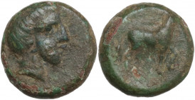 Sicily. Eryx. AE 11.5 mm, c. 4th century BC. Obv. Female head right. Rev. Horse prancing right. HGC 2 329; CNS I 16. AE. 2.01 g. 11.50 mm. RR. Nice gr...