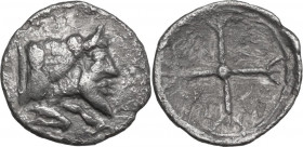 Sicily. Gela. AR Obol, c. 480-470 BC. Obv. Forepart of man-headed bull right. Rev. Four-spoked wheel. HGC 2 372; Jenkins, Gela, Group II, 192. AR. 0.4...