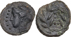 Sicily. Himera. AE Hemilitron-Hexonkion, c. 415-409 BC. Obv. IME. Female head left, wearing sphendone; before, six pellets. Rev. Six pellets in rosett...