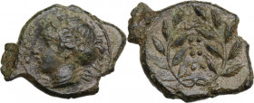 Sicily. Himera. AE Hemilitron-Hexonkion, c. 415-409 BC. Obv. Female head left, wearing sphendone; [before, six pellets]; behind, IM. Rev. Six pellets ...