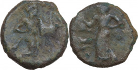 Sicily. Himera. AE 15.5 mm, c. 420-409/8 BC. Obv. Nymph (Himera?) standing left; before, hound's head; three pellets across fields. Rev. Herakles adva...