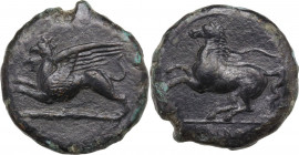 Sicily. Kainon. AE c. 365 BC. Obv. Griffin leaping left. Rev. Horse prancing left. CNS I 1. AE. 12.14 g. 23.00 mm. About EF.