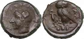 Sicily. Kamarina. AE Tetras, c. 410-405 BC. Obv. Head of Athena left, wearing crested Corinthian helmet decorated with a wing. Rev. KAMA (retrograde)....