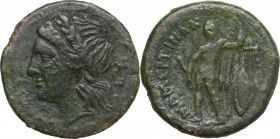 Sicily. Messana. The Mamertinoi. AE, 211-208 BC. Obv. Head of Apollo left, laureate; behind, lyre. Rev. Warrior standing facing, wearing chlamys; hold...