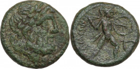 Sicily. Messana. The Mamertinoi. AE Pentachalkon, c. 200-55 BC. Obv. Laureate head of Zeus right. Rev. Warrior striding right, attacking with spear an...