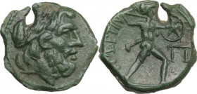 Sicily. Messana. The Mamertinoi. AE Pentachalkon, c. 200-55 BC. Obv. Laureate head of Zeus right. Rev. Warrior striding right, attacking with spear an...