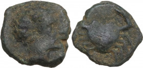 Sicily. Motya. AE 13.5 mm, c. 400-397 BC. Obv. Male head right. Rev. Crab. HGC 2 947. AE. 1.51 g. 13.50 mm. R. About VF.