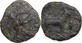 Sicily. Nakona. AE 18 mm. (Hexas?), late 5th cent. BC. Obv. Female head right. Rev. Sheep standing right; leaf and barley-grain before. HGC 2 962; CNS...