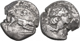 Sicily. Segesta. AR Didrachm, c. 412/10-400 BC. Obv. Hound advancing right; above, head right. Rev. Head of Aigiste right. HGC 2 1142. AR. 7.72 g. 22....