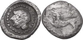Sicily. Segesta. AE Hemidrachm, c. 380 BC. Obv. Head of Aigiste left, within dotted border. Rev. Hound springing left. HGC 2 -; 1157 var. (hound right...