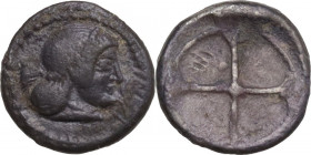 Sicily. Syracuse. Hieron I (478-466 BC). AR Litra, c. 475-470 BC. Obv. Diademed head of Arethousa right. Rev. Wheel of four spokes. HGC 2 1371; Boehri...